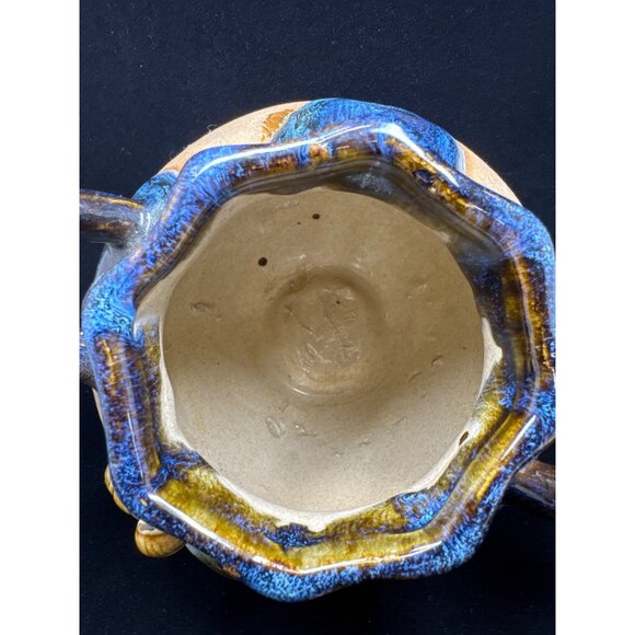 Vintage Art Pottery Vase Blue Drip Glaze w/ Dragonfly Design Handles Home Decor - Picture 9 of 10